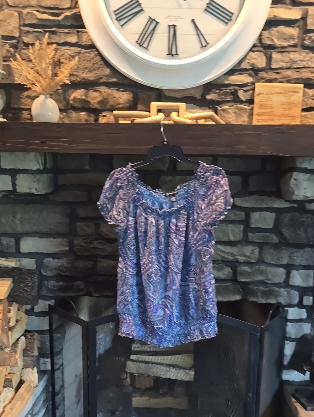 INC International Concepts Purple Paisley Short-Sleeve Smocked Blouse